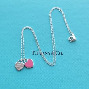 Retired Fushia Pink enamel double heart tags necklace